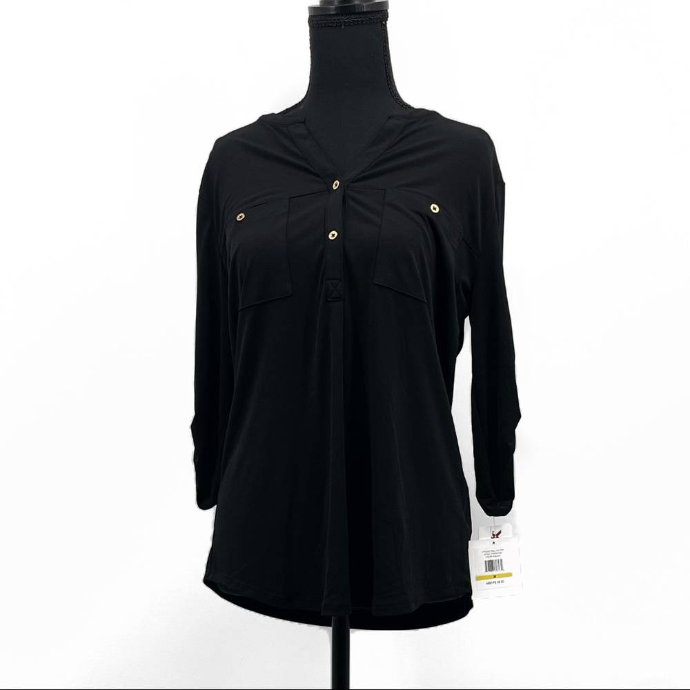 NWT Ellen Tracy Black Blouse | Two Pocket Long Sleeve Top | Workwear Style M